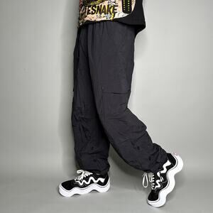 Vintage 90s Track Pants Mens L Baggy Fit Jet Black Nylon Joggers Cinch Energy